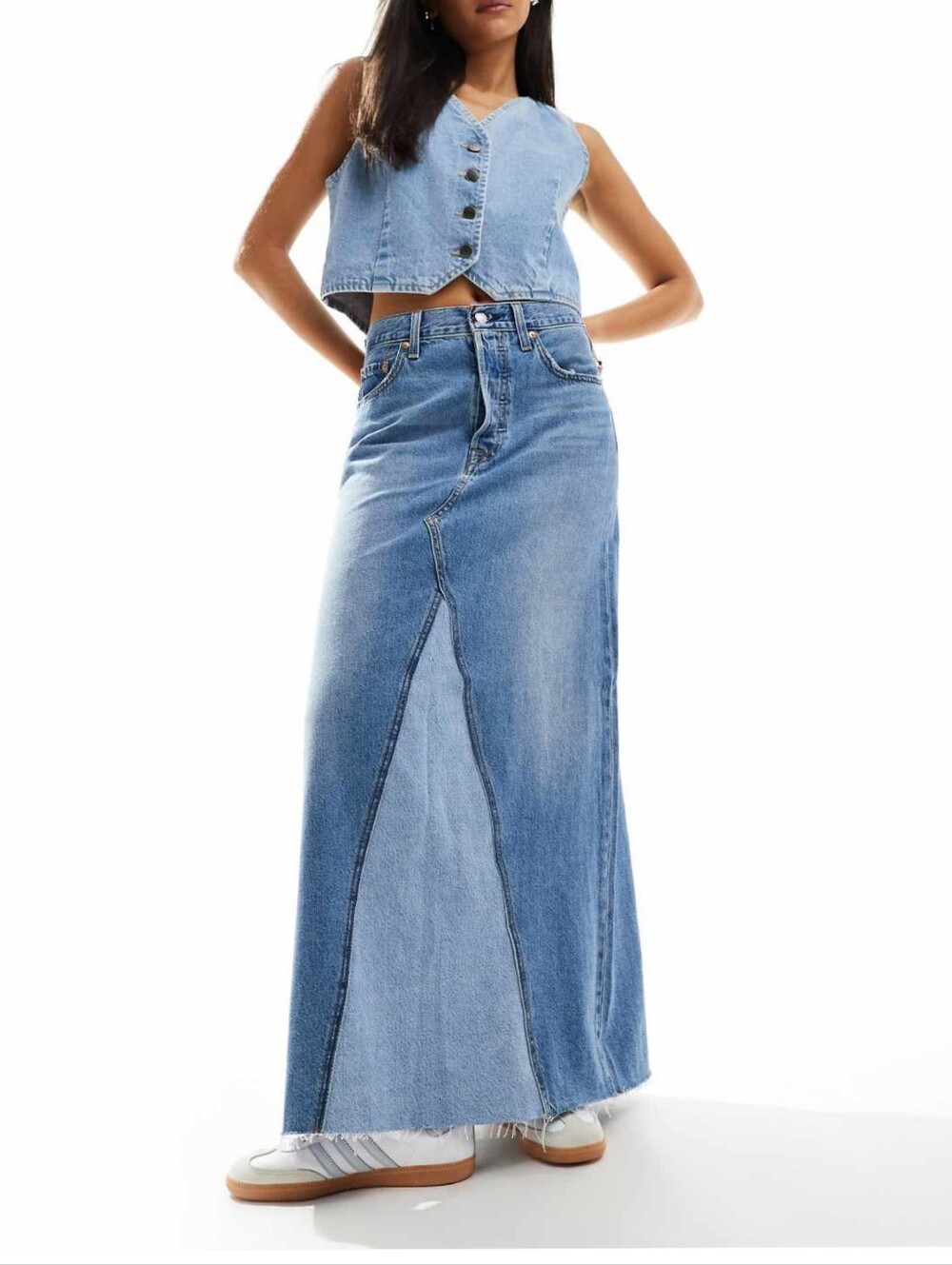 Levi's Iconic Long Contrast Denim Skirt in Mid Blue